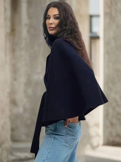 Cocolii court poncho manteau en laine col montant avec ceinture manches cape femme élégant décontracté ample veste