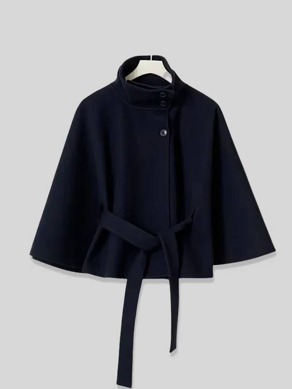 Cocolii court poncho manteau en laine col montant avec ceinture manches cape femme élégant décontracté ample veste