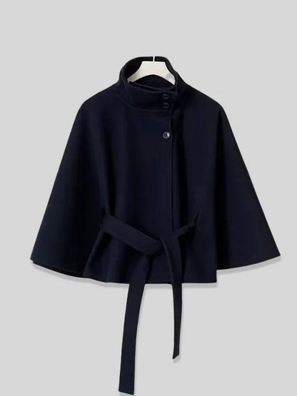 Cocolii court poncho manteau en laine col montant avec ceinture manches cape femme élégant décontracté ample veste
