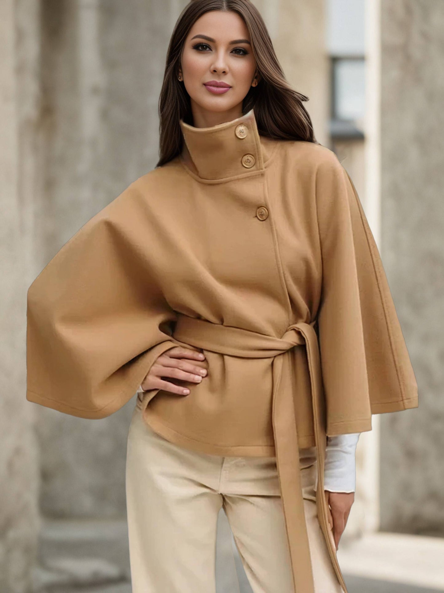 Cocolii court poncho manteau en laine col montant avec ceinture manches cape femme élégant décontracté ample veste