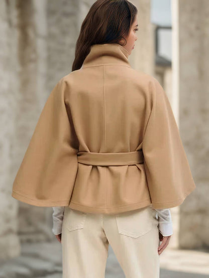 Cocolii court poncho manteau en laine col montant avec ceinture manches cape femme élégant décontracté ample veste