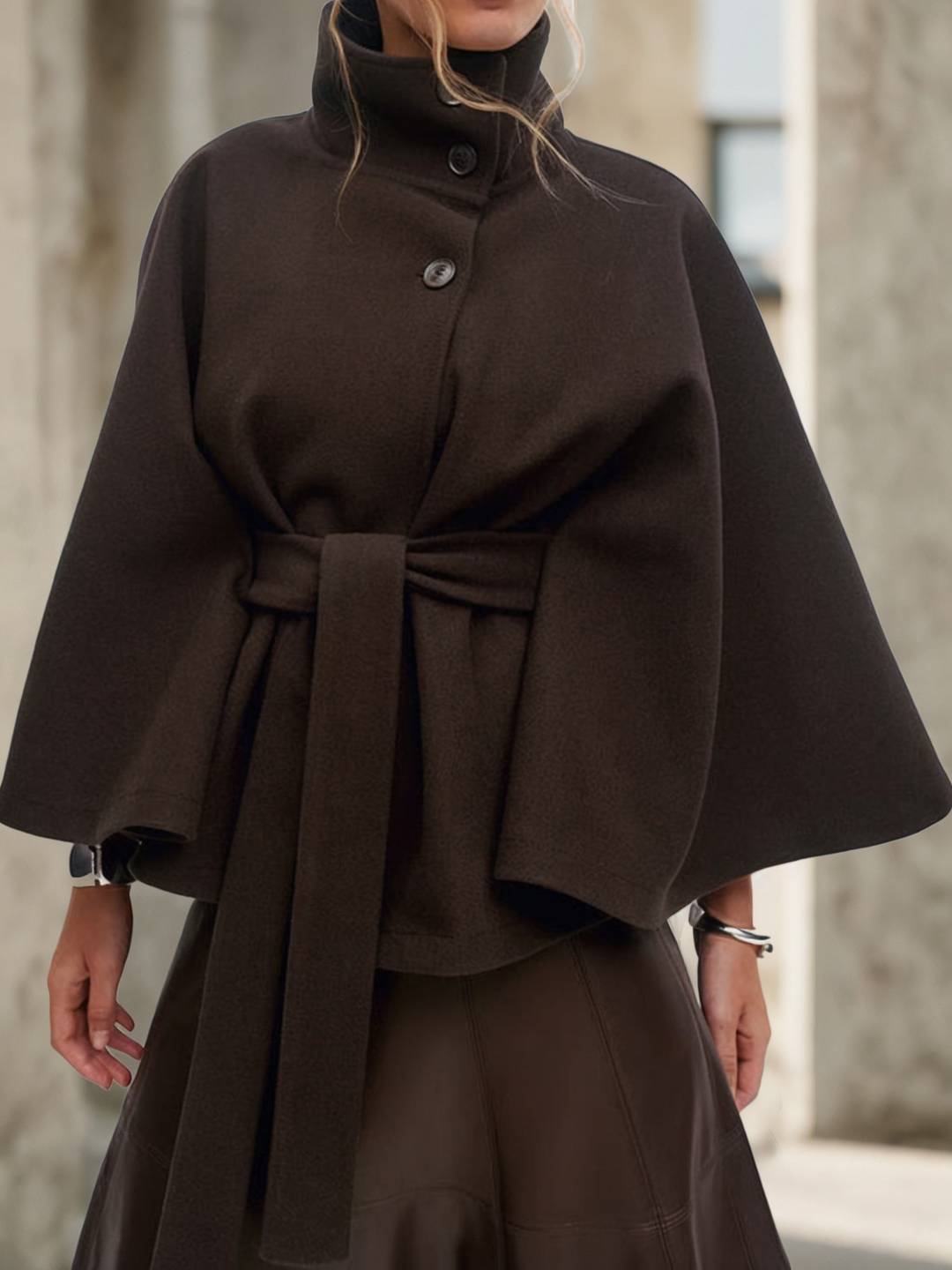 Cocolii court poncho manteau en laine col montant avec ceinture manches cape femme élégant décontracté ample veste