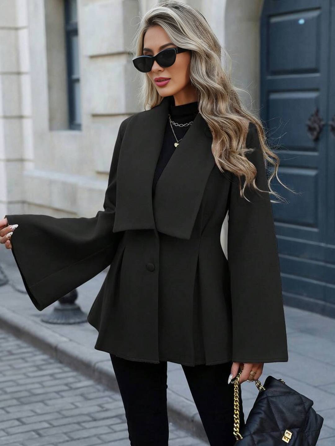 Cocolii mi-longue manteau en laine trapèze col revers manches trompette femme élégant décontracté doux automne