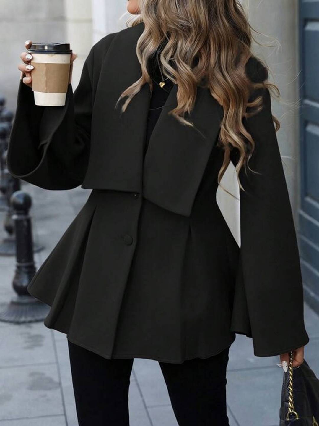 Cocolii mi-longue manteau en laine trapèze col revers manches trompette femme élégant décontracté doux automne