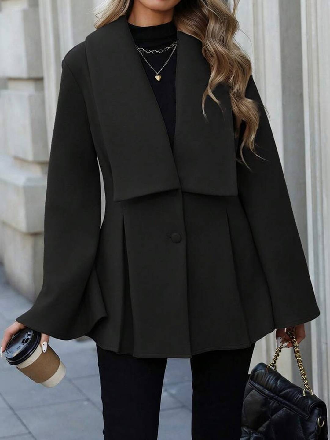 Cocolii mi-longue manteau en laine trapèze col revers manches trompette femme élégant décontracté doux automne