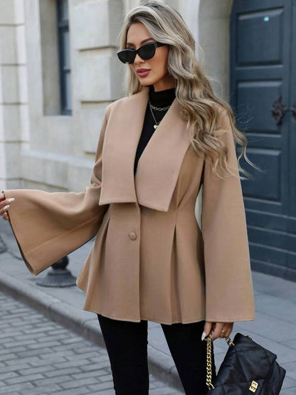 Cocolii mi-longue manteau en laine trapèze col revers manches trompette femme élégant décontracté doux automne