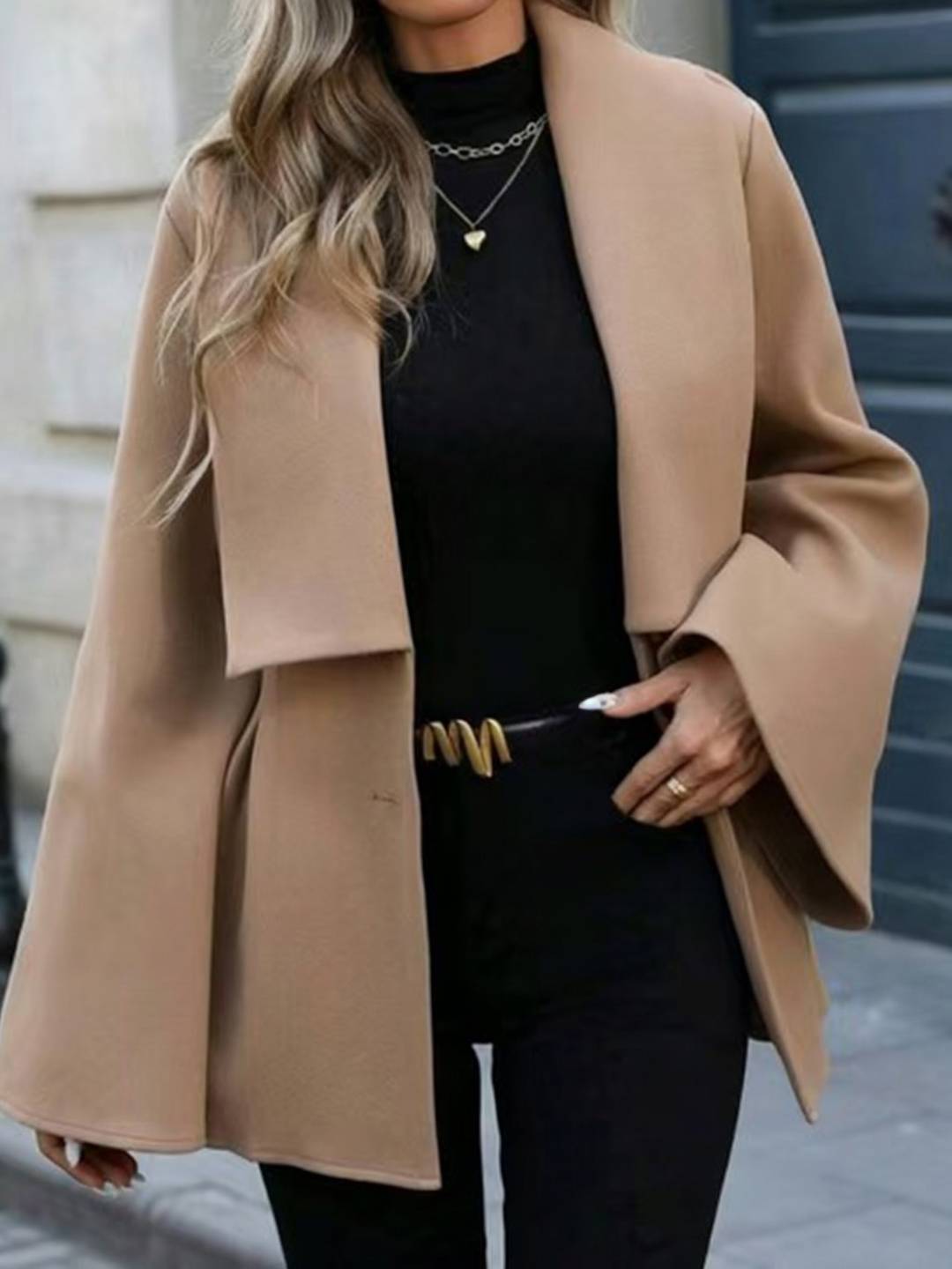 Cocolii mi-longue manteau en laine trapèze col revers manches trompette femme élégant décontracté doux automne