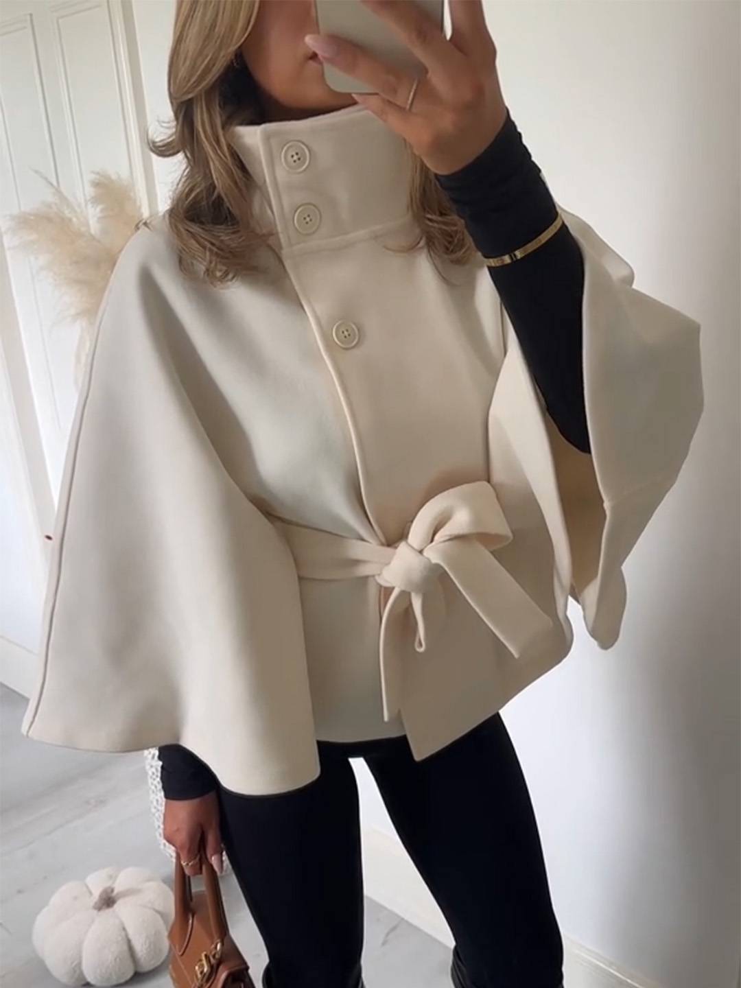 Cocolii court poncho manteau femme boutonnage ceinture col montant manches cape décontracté ample manteau cape