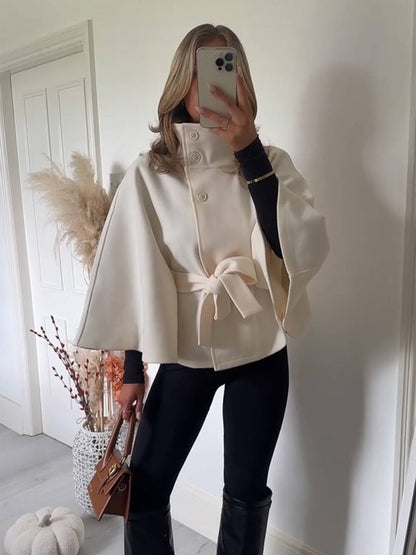 Cocolii court poncho manteau femme boutonnage ceinture col montant manches cape décontracté ample manteau cape