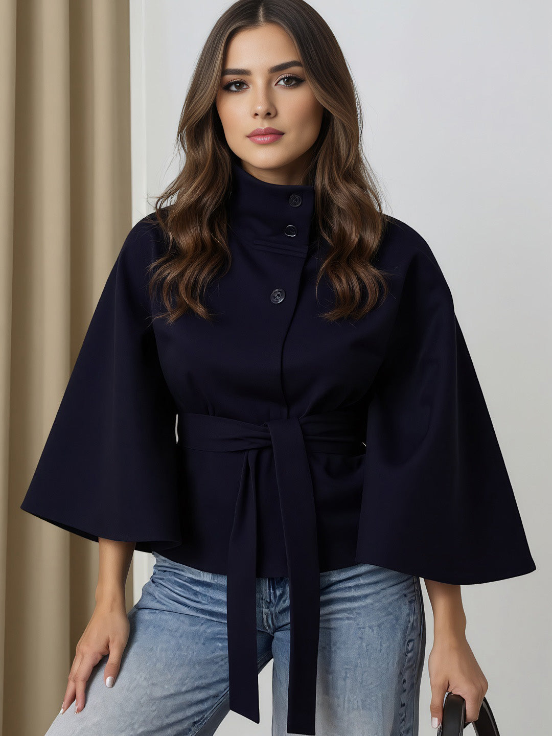 Cocolii court poncho manteau femme boutonnage ceinture col montant manches cape décontracté ample manteau cape