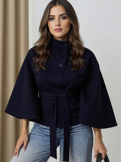 Cocolii court poncho manteau femme boutonnage ceinture col montant manches cape décontracté ample manteau cape