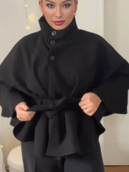 Cocolii court poncho manteau femme boutonnage ceinture col montant manches cape décontracté ample manteau cape