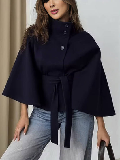 Cocolii court poncho manteau femme boutonnage ceinture col montant manches cape décontracté ample manteau cape