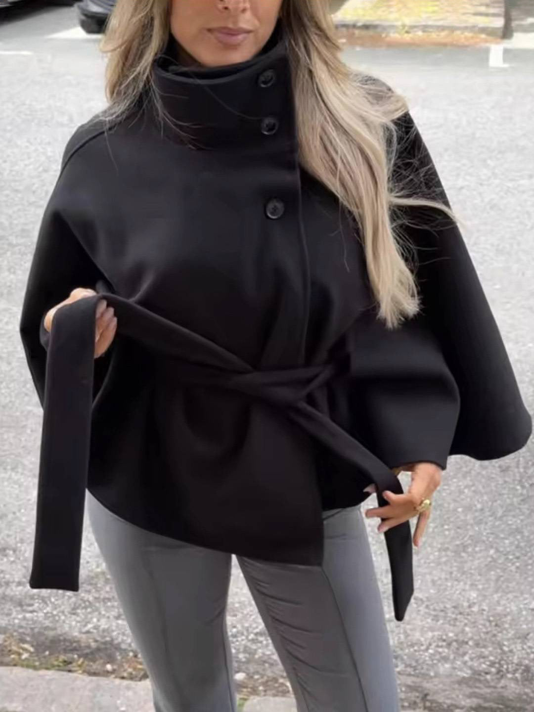Cocolii court poncho manteau femme boutonnage ceinture col montant manches cape décontracté ample manteau cape