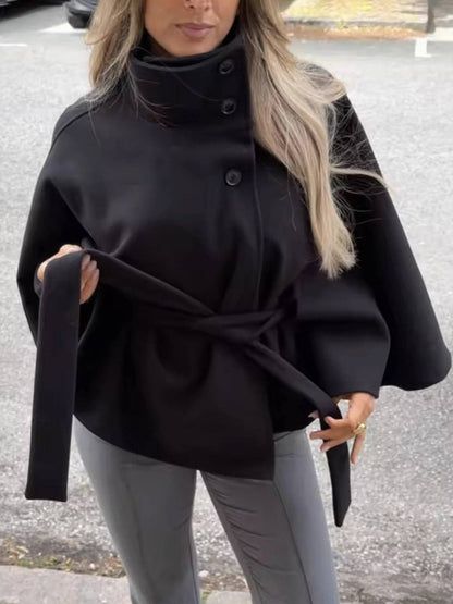 Cocolii court poncho manteau femme boutonnage ceinture col montant manches cape décontracté ample manteau cape