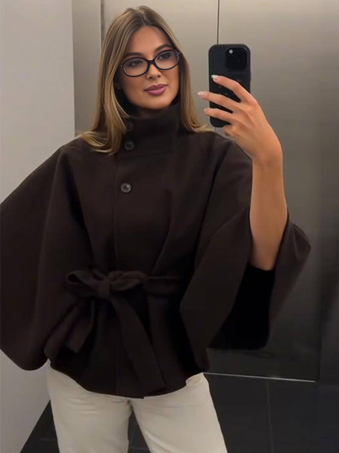 Cocolii court poncho manteau femme boutonnage ceinture col montant manches cape décontracté ample manteau cape