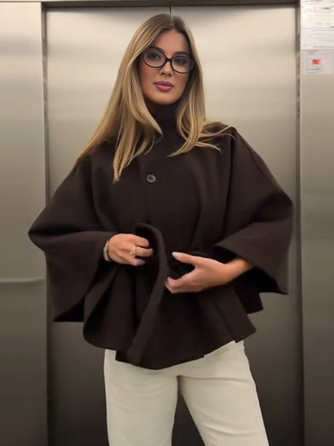 Cocolii court poncho manteau femme boutonnage ceinture col montant manches cape décontracté ample manteau cape