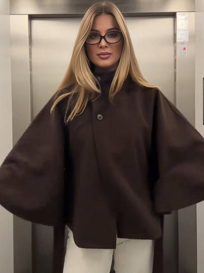Cocolii court poncho manteau femme boutonnage ceinture col montant manches cape décontracté ample manteau cape