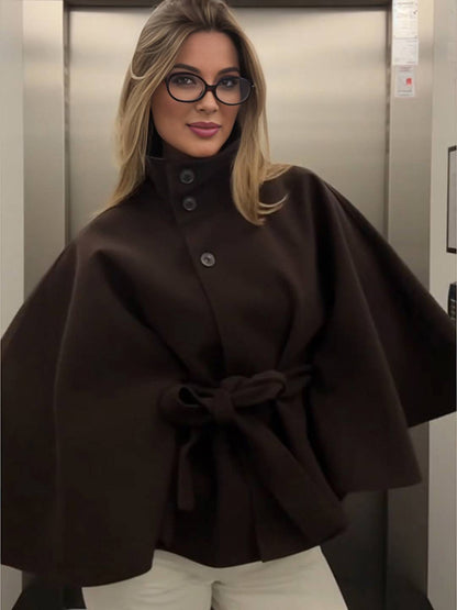 Cocolii court poncho manteau femme boutonnage ceinture col montant manches cape décontracté ample manteau cape