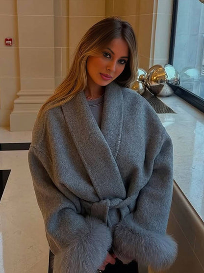 Cocolii mi-longue manteau en laine avec manches fausse fourrure ceinture femme élégant vintage décontracté hiver