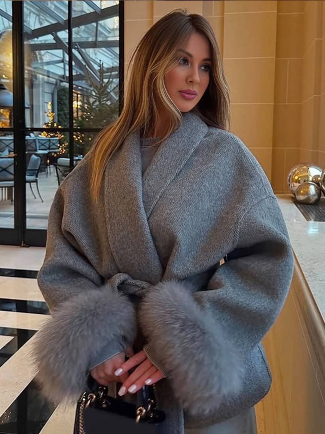 Cocolii mi-longue manteau en laine avec manches fausse fourrure ceinture femme élégant vintage décontracté hiver