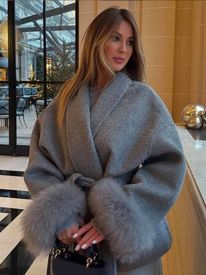 Cocolii mi-longue manteau en laine avec manches fausse fourrure ceinture femme élégant vintage décontracté hiver