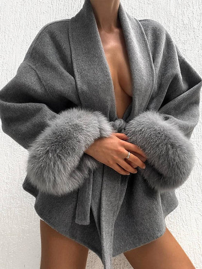 Cocolii mi-longue manteau en laine avec manches fausse fourrure ceinture femme élégant vintage décontracté hiver