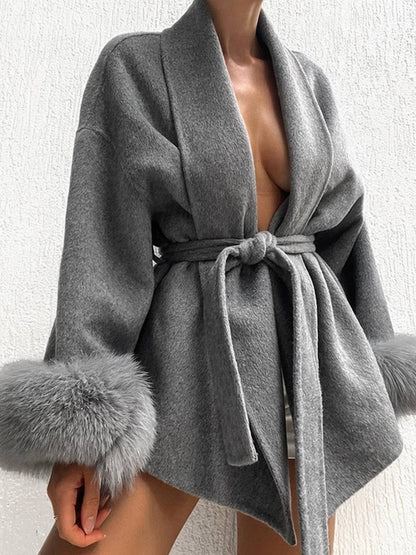 Cocolii mi-longue manteau en laine avec manches fausse fourrure ceinture femme élégant vintage décontracté hiver