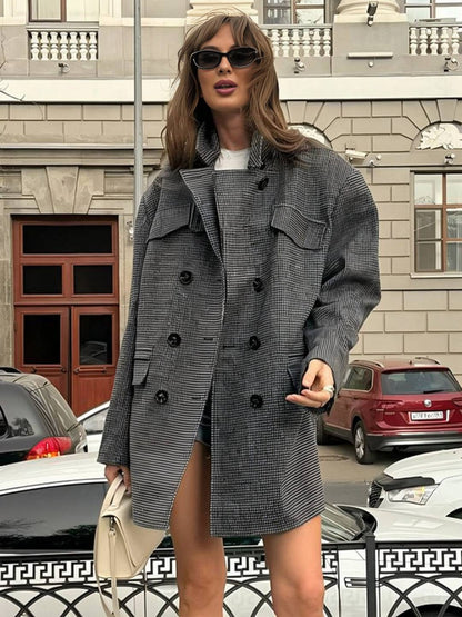 Cocolii mi-longue manteau en laine pied de poule double boutonnage poches col revers femme vintage blouson hiver