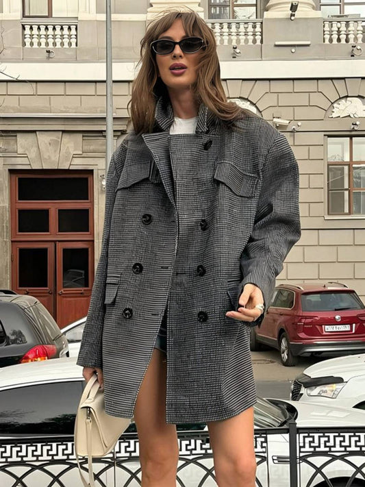 Cocolii mi-longue manteau en laine pied de poule double boutonnage poches col revers femme vintage blouson hiver