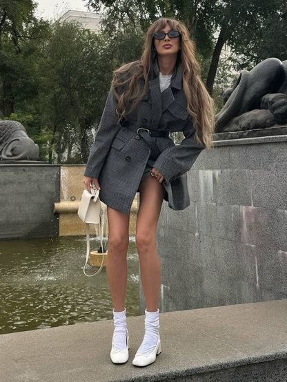 Cocolii mi-longue manteau en laine pied de poule double boutonnage poches col revers femme vintage blouson hiver