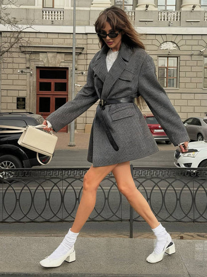 Cocolii mi-longue manteau en laine pied de poule double boutonnage poches col revers femme vintage blouson hiver