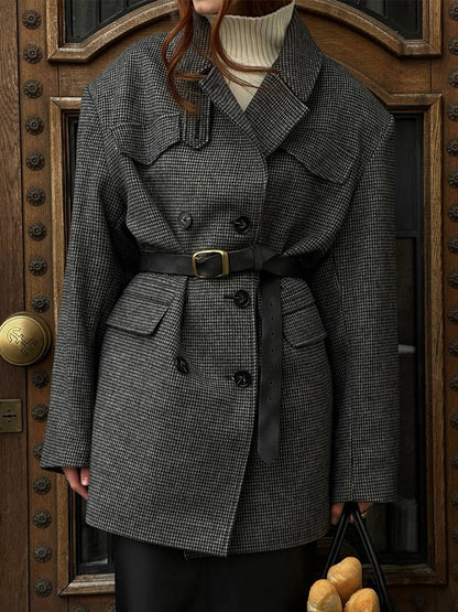 Cocolii mi-longue manteau en laine pied de poule double boutonnage poches col revers femme vintage blouson hiver