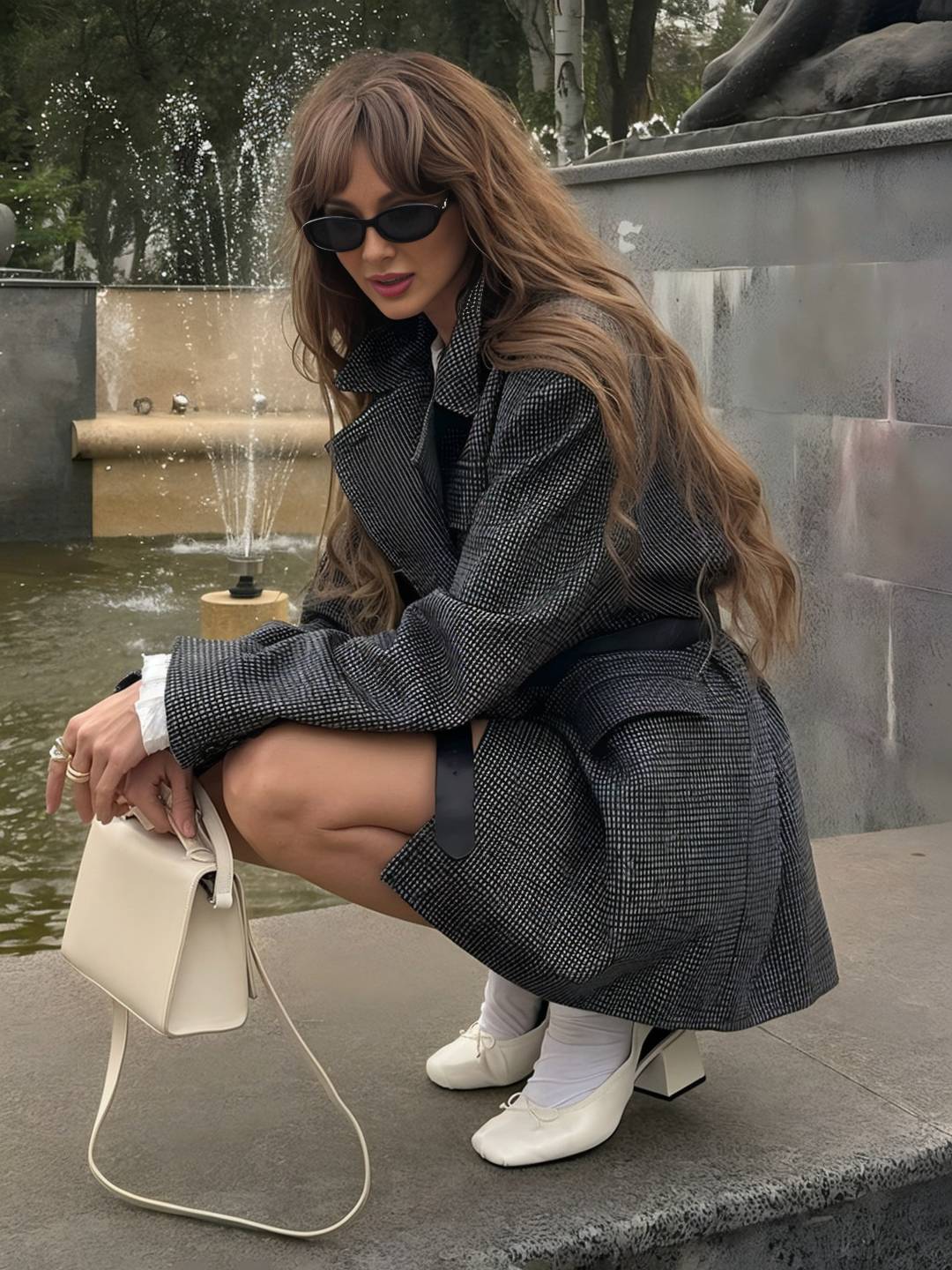 Cocolii mi-longue manteau en laine pied de poule double boutonnage poches col revers femme vintage blouson hiver