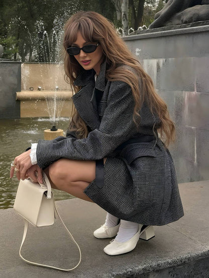 Cocolii mi-longue manteau en laine pied de poule double boutonnage poches col revers femme vintage blouson hiver