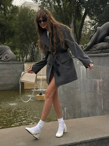 Cocolii mi-longue manteau en laine pied de poule double boutonnage poches col revers femme vintage blouson hiver