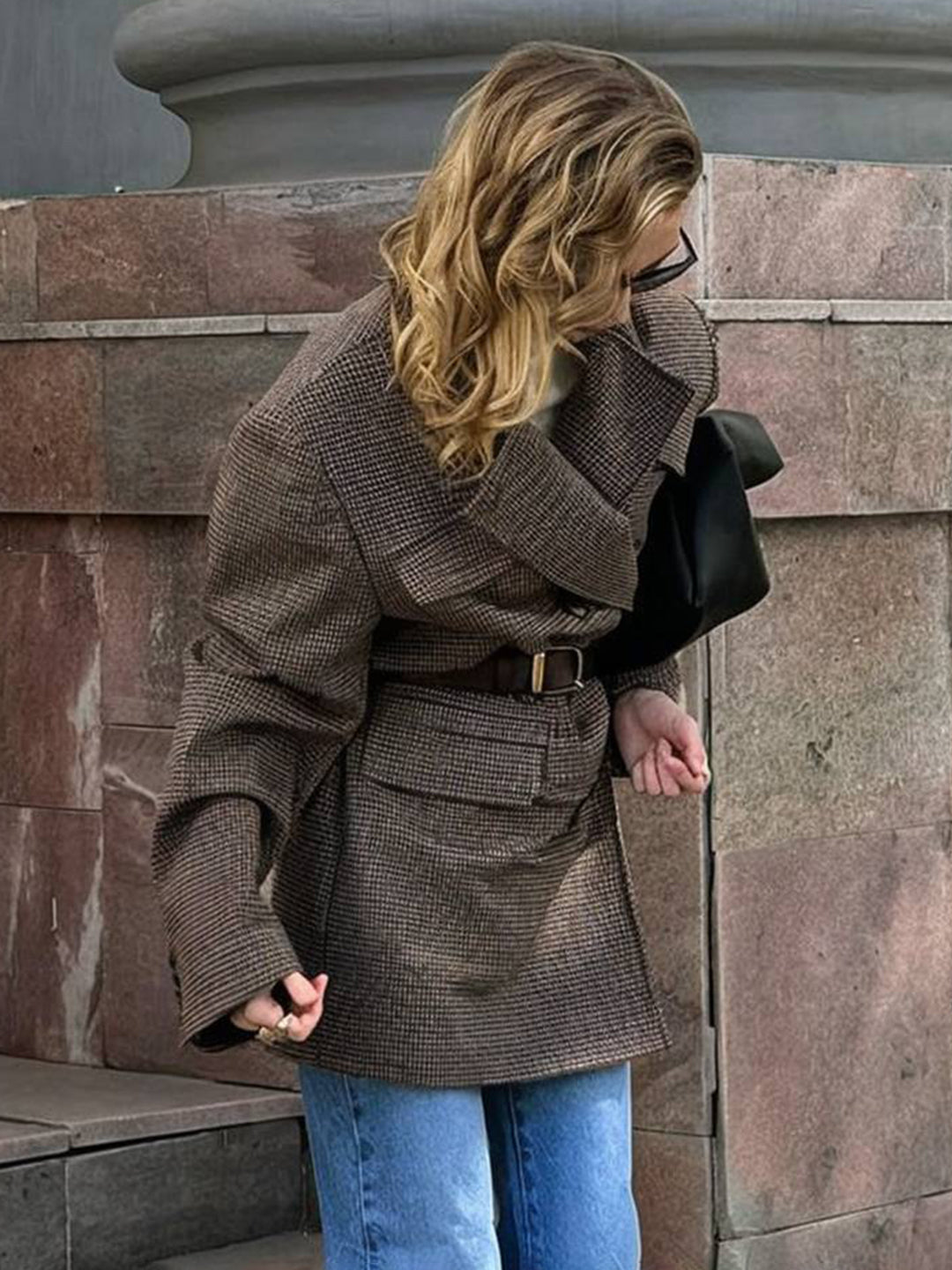 Cocolii mi-longue manteau en laine pied de poule double boutonnage poches col revers femme vintage blouson hiver