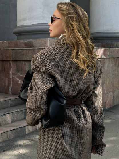 Cocolii mi-longue manteau en laine pied de poule double boutonnage poches col revers femme vintage blouson hiver