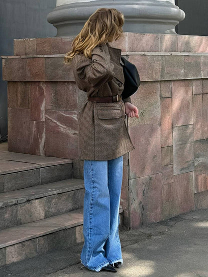 Cocolii mi-longue manteau en laine pied de poule double boutonnage poches col revers femme vintage blouson hiver