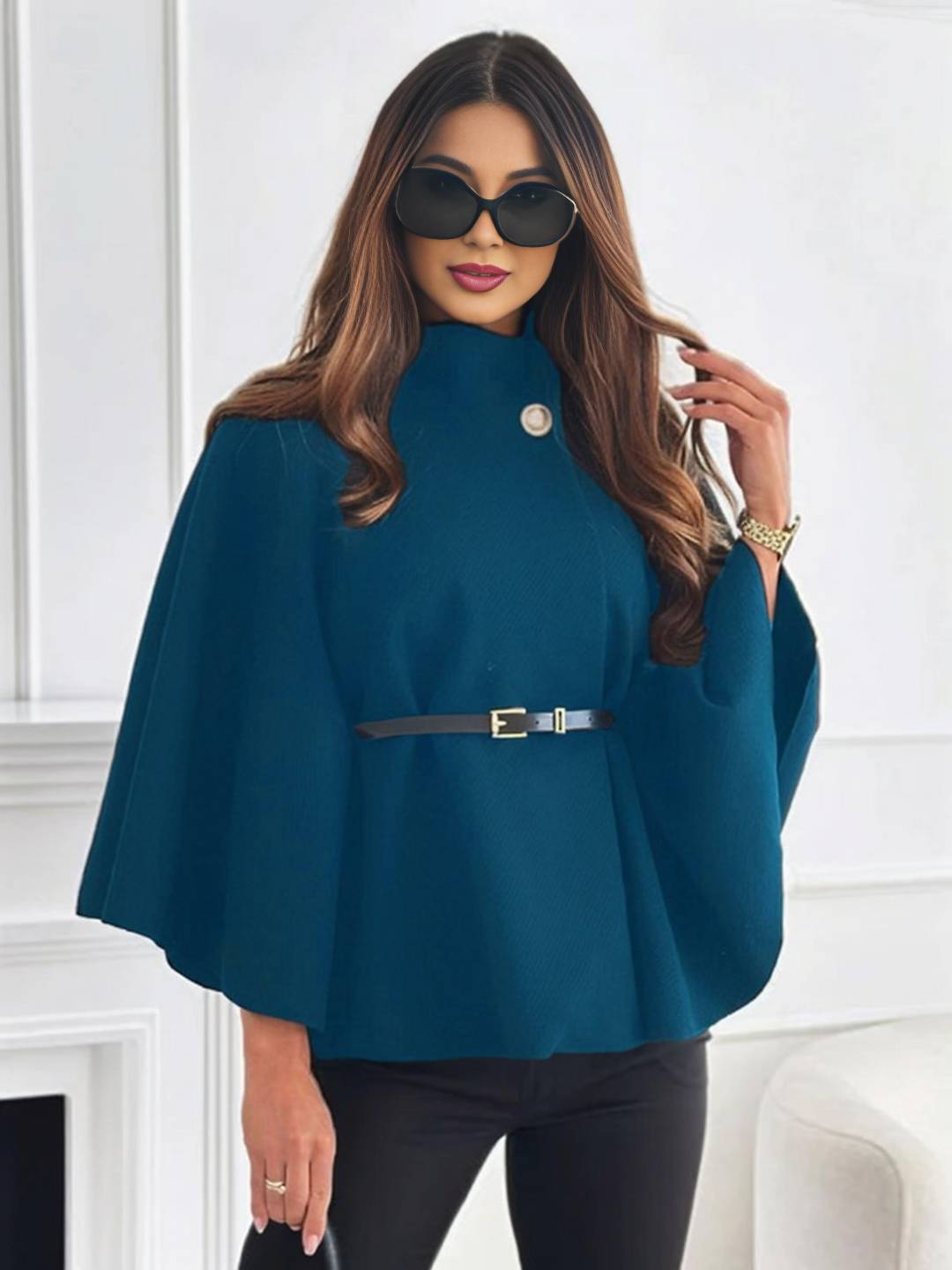 Cocolii courte poncho manteau femme cape ceinture col montant manches cape manches longues élégant ample vintage veste