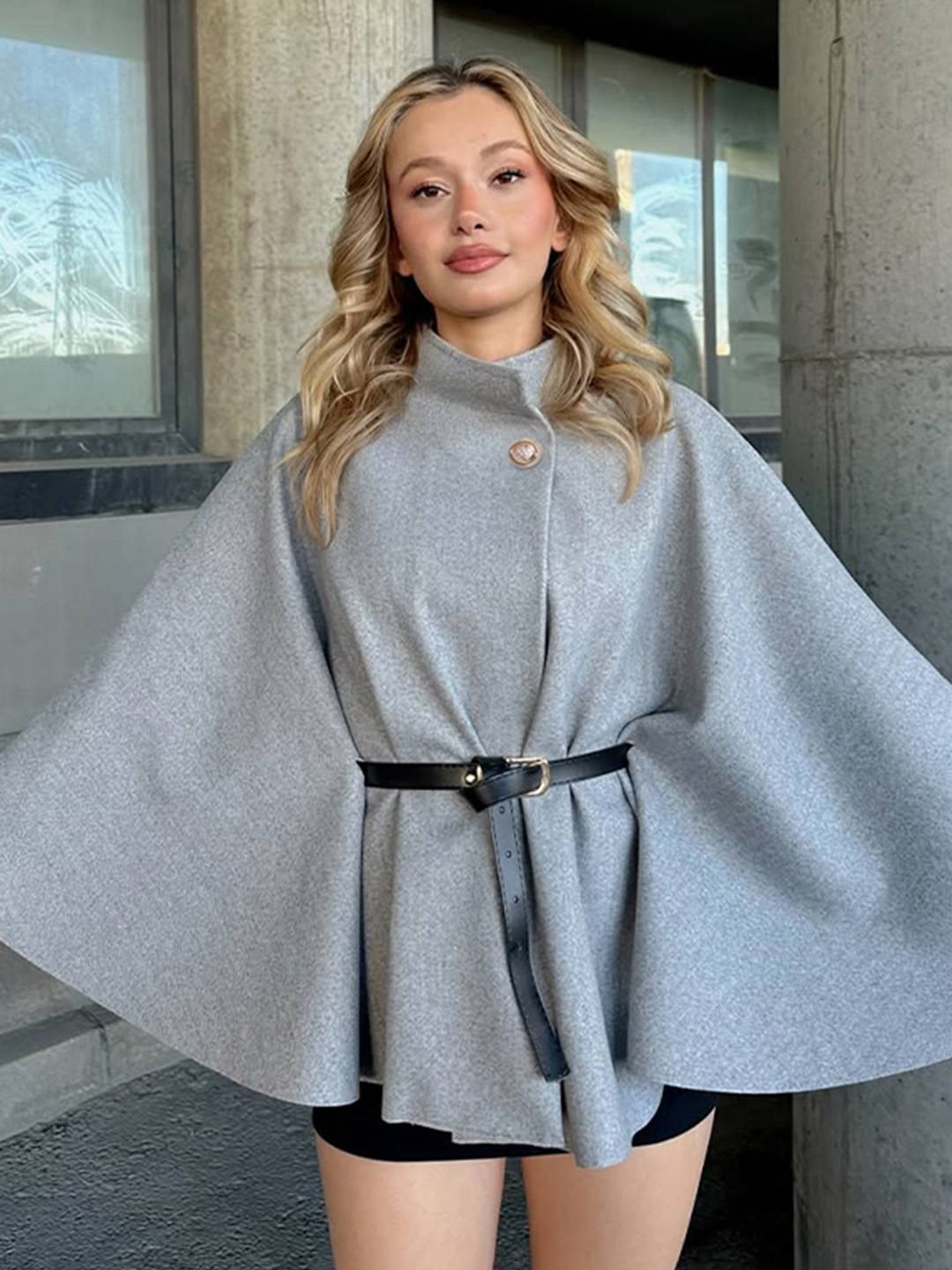 Cocolii courte poncho manteau femme cape ceinture col montant manches cape manches longues élégant ample vintage veste