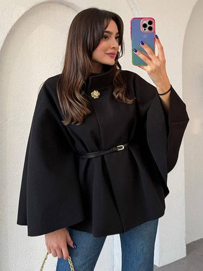 Cocolii court poncho manteau femme veste cape ceinture col montant manches longues oversized décontracté vintage blouson