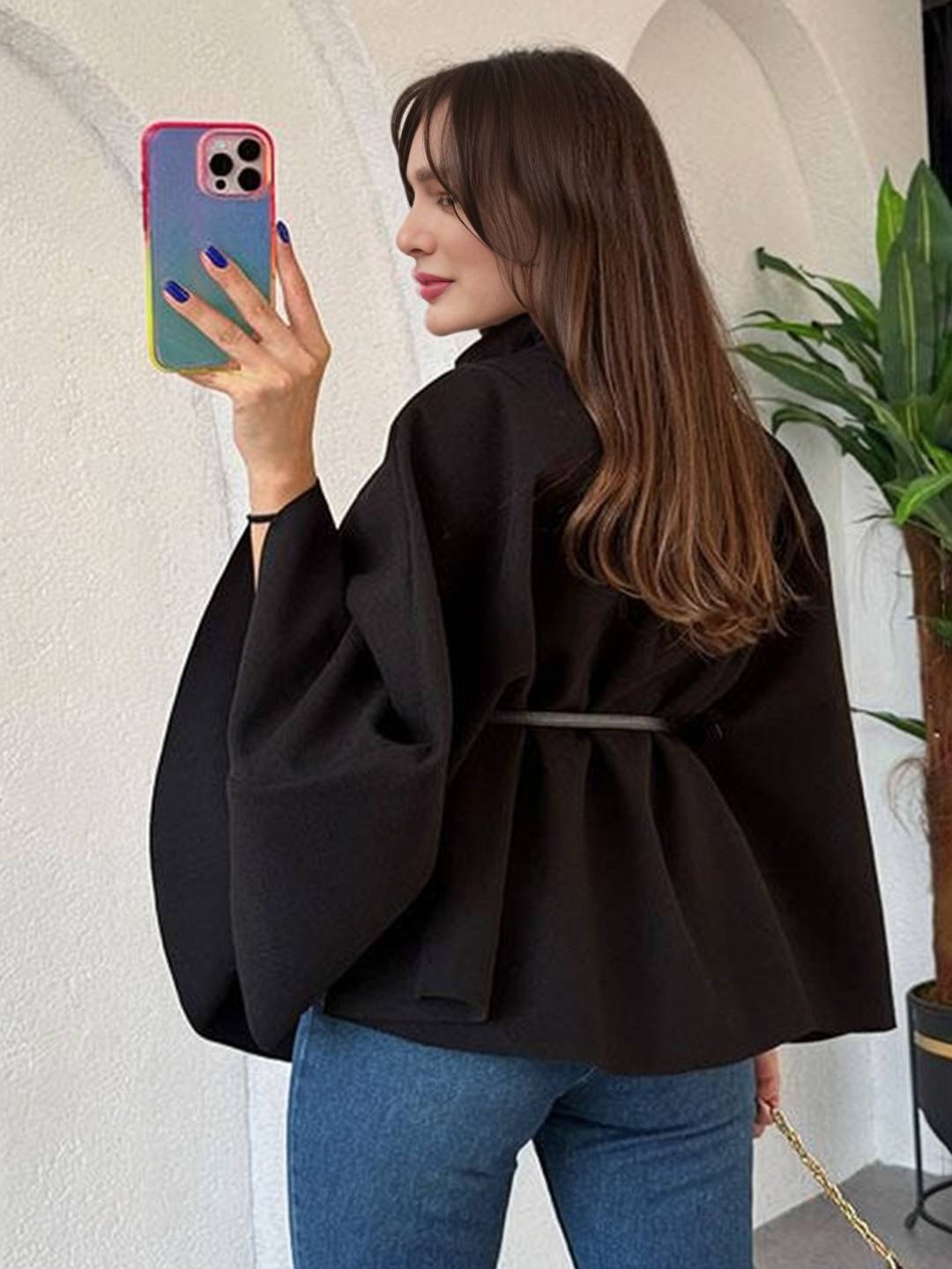 Cocolii court poncho manteau femme veste cape ceinture col montant manches longues oversized décontracté vintage blouson