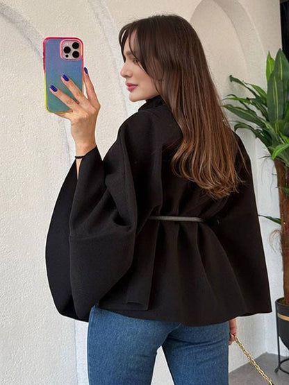 Cocolii court poncho manteau femme veste cape ceinture col montant manches longues oversized décontracté vintage blouson