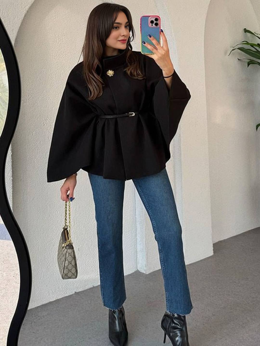 Cocolii court poncho manteau femme veste cape ceinture col montant manches longues oversized décontracté vintage blouson
