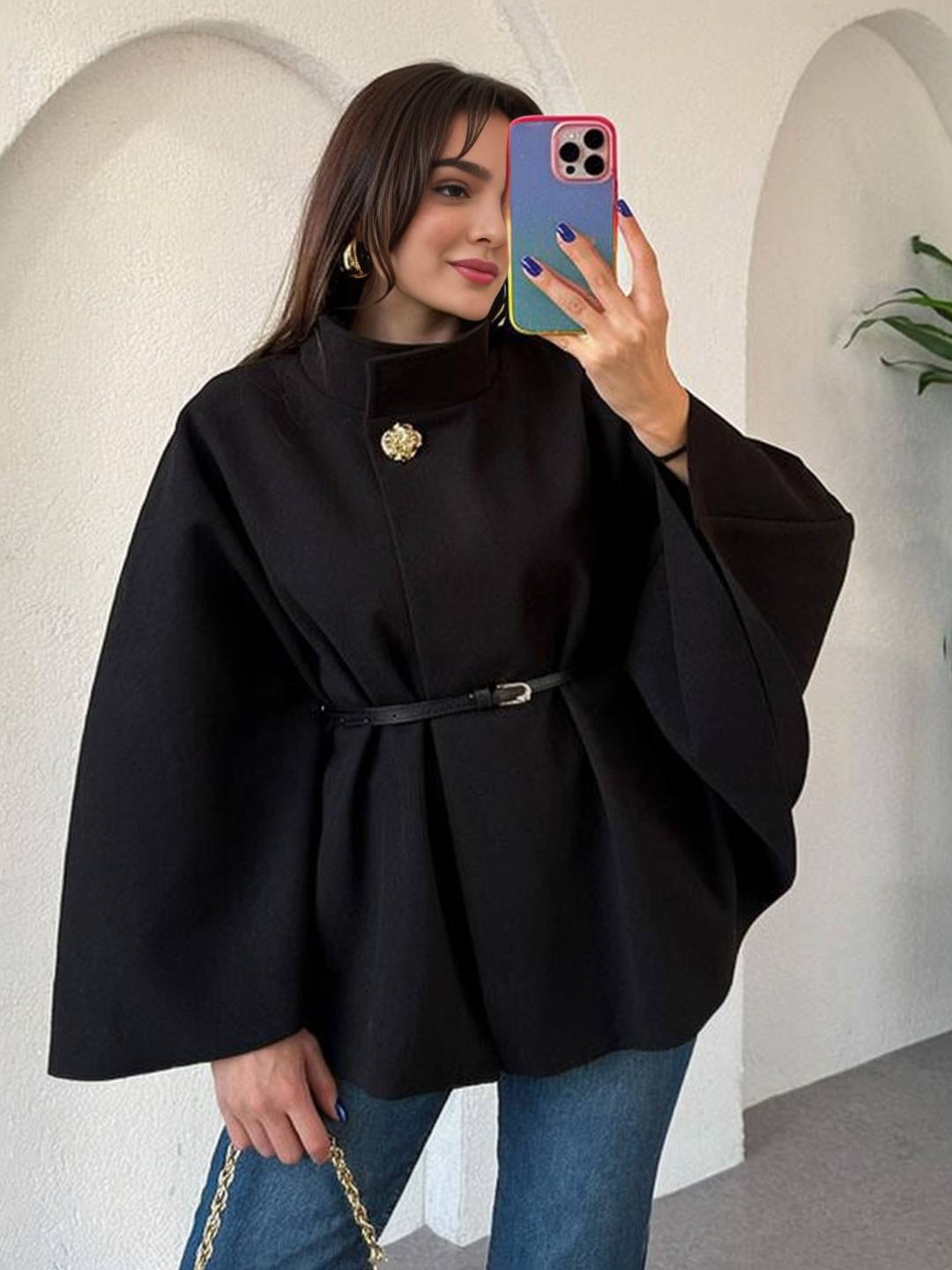 Cocolii court poncho manteau femme veste cape ceinture col montant manches longues oversized décontracté vintage blouson
