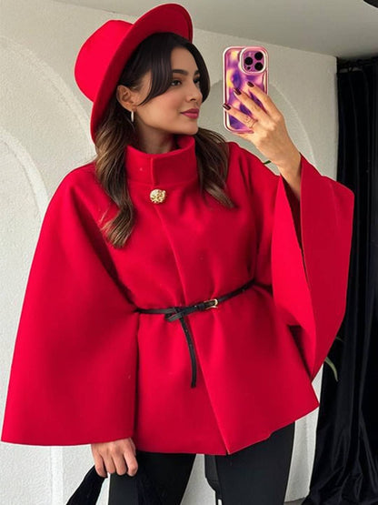 Cocolii court poncho manteau femme veste cape ceinture col montant manches longues oversized décontracté vintage blouson