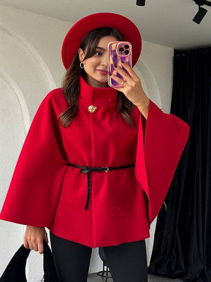 Cocolii court poncho manteau femme veste cape ceinture col montant manches longues oversized décontracté vintage blouson