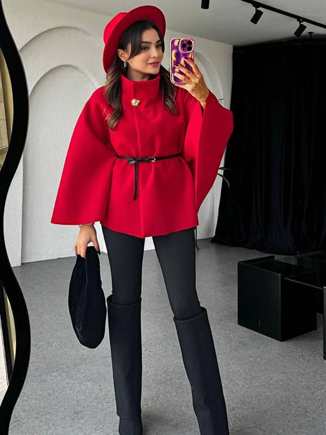 Cocolii court poncho manteau femme veste cape ceinture col montant manches longues oversized décontracté vintage blouson