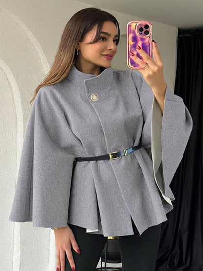 Cocolii court poncho manteau femme veste cape ceinture col montant manches longues oversized décontracté vintage blouson